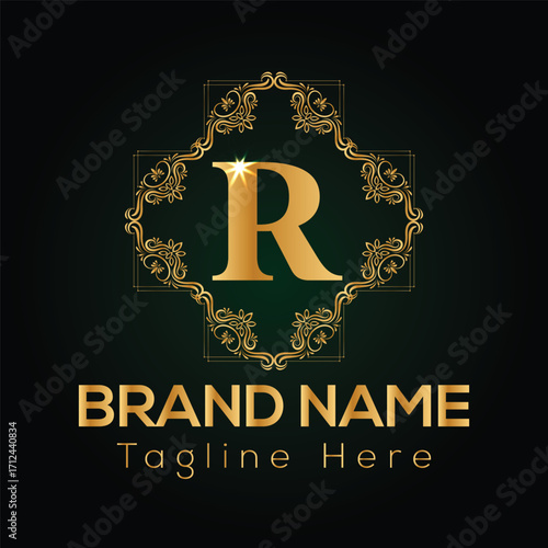 Golden letter R emblem with ornate floral frame and brand name text R letter logo golden emblem
