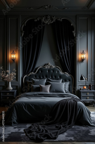 Gothic bedroom with black bed ornate furniture and candles and lamps. Rich velvet textiles. Vertical interior dark design image.
