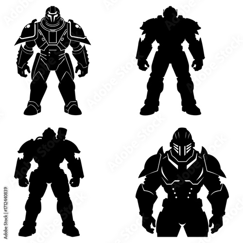 Four silhouettes of armored figures in various poses against a white background display strength and power