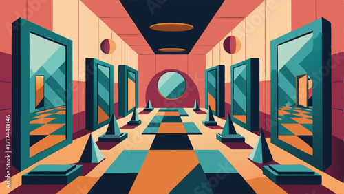 A room filled with mirrors reflecting and distorting the surrounding artwork.