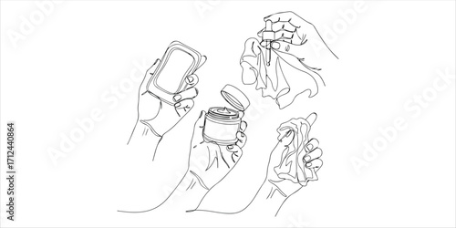 Characters hands holding various hygiene and skin care products, such as soap, cream, serum, wiped cleansing tissue continuous single line art drawing sketch on white background