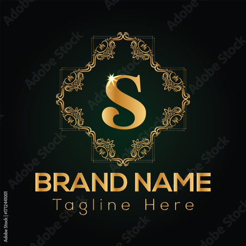 Golden letter S monogram with ornate frame and brand name text on dark green background S letter