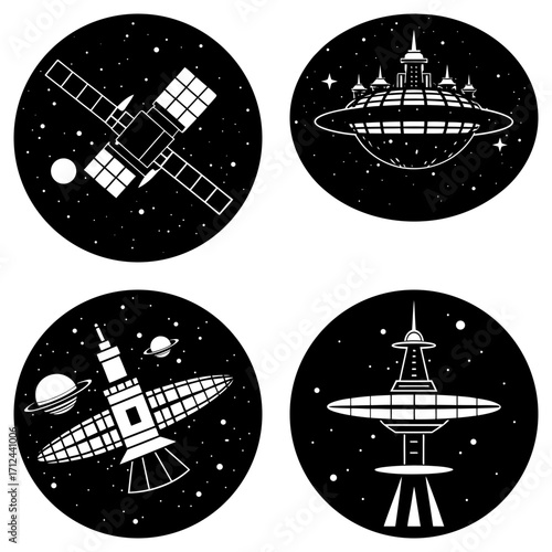 Illustration of four space themed icons including a satellite a spaceship and a futuristic station in black