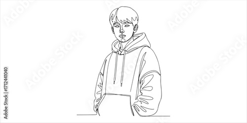 Teenage boy, student wearing style hoodie continuous single line art drawing sketch on white background
