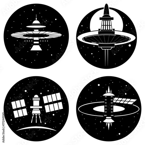 Four space station icons in black and white showing different designs against a star filled background
