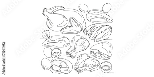 Fresh raw chicken meat and eggs continuous single line art drawing sketch on white background