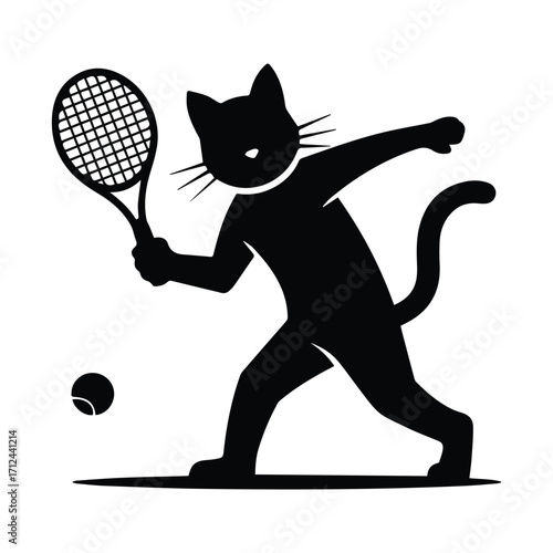 Playful black cat silhouette in action playing tennis with a racket and ball