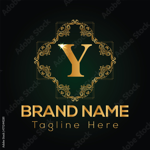 Golden letter Y monogram with ornate frame and brand name text vector