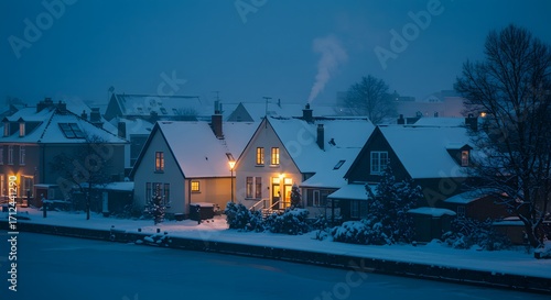 Cozy dutch houses covered in snow at dusk, with warm lights glowing from the windows and smoke rising from chimneys