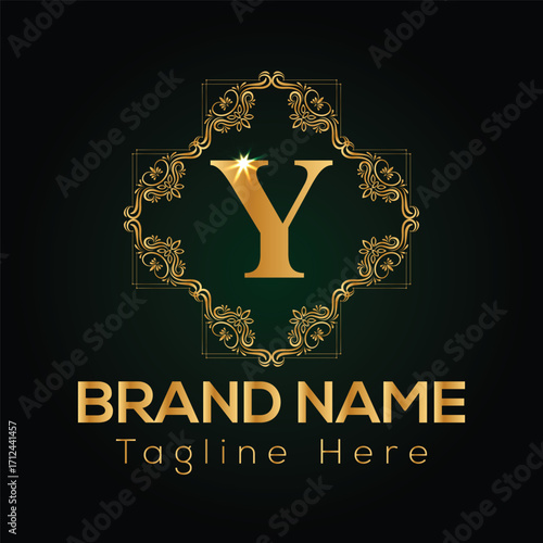Golden letter Y within ornate frame and brand name text on dark green background Y letter logo