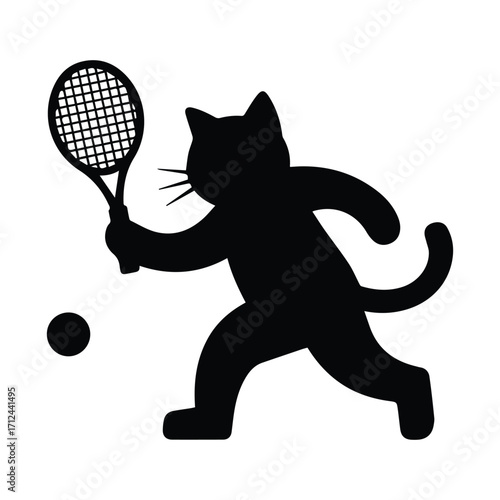 Playful cat silhouette hitting a tennis ball with a racket silhouette