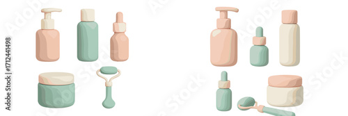 Skincare and beauty product collection on a clean background showcasing various containers and tools for self-care routines
