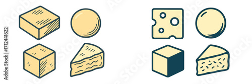 Different types of cheese represented through simple illustrations with various shapes and textures in contrasting colors