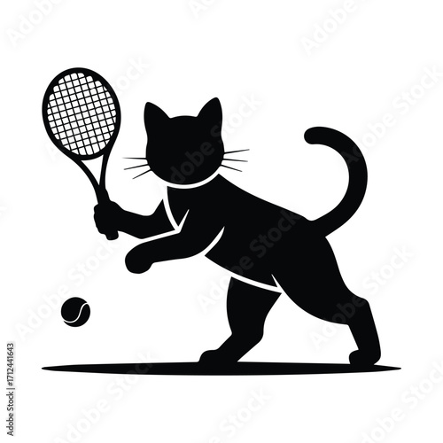 Playful black cat silhouette hitting a tennis ball with a racket silhouette