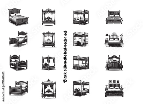 Black Bed Silhouettes Vector Set with Single, Double, Bunk and Canopy Bed Designs on White Background