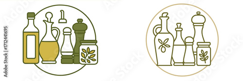 Collection of kitchen condiments and spices displayed in two elegant designs on a light background