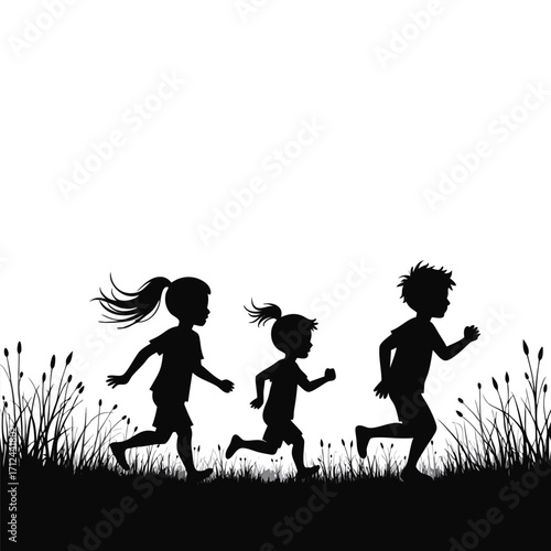 Three children running through grass and reeds silhouette