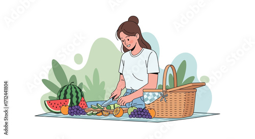 Cheerful Woman Prepares Food for Picnic, Enjoying Fresh Fruits and Delights Outdoors