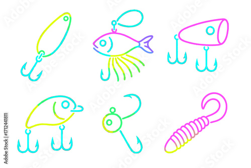 Diverse collection of fishing equipment with various artificial baits and sharp hooks for catching fish in freshwater and saltwater
