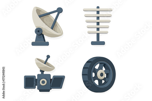 Various communication and vehicle components presented in a minimalistic style with simple designs and muted colors