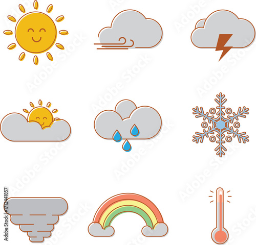 Weather forecast icon set with sun cloud rain snow lightning and wind symbols