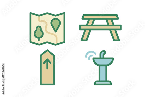 Essential outdoor recreation and public utility icons featuring a detailed map, sturdy picnic table, clear directional sign, and functional sink