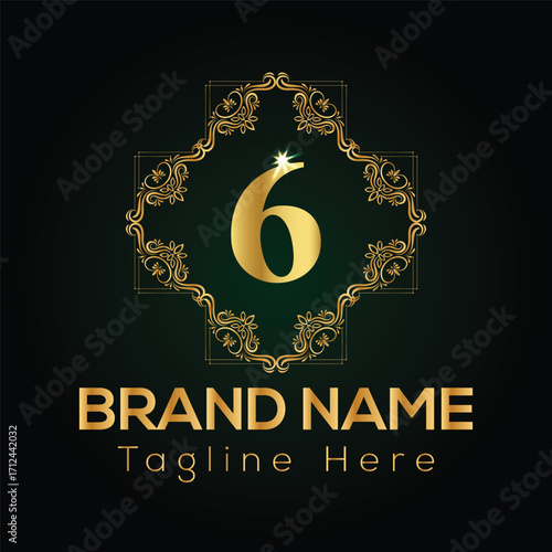 Golden number 6 emblem with ornate frame and brand name text on dark green background numeral