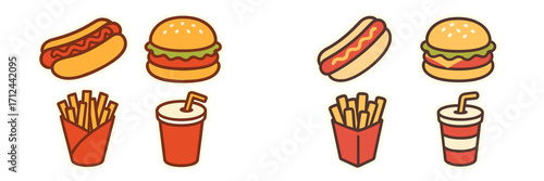 Colorful illustrations of fast food items including hot dogs, burgers, and fries arranged on a light background