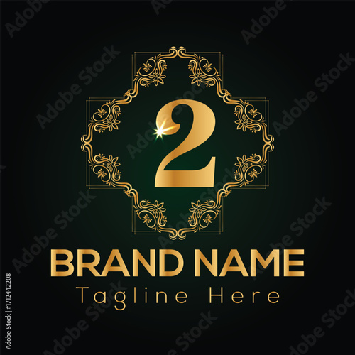Golden ornate frame with number 2 and brand name text on dark green background border