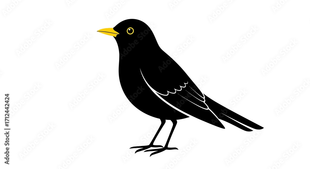 Fototapeta premium Side view of a blackbird, outlined in black, with yellow beak and eye.