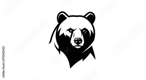 Black and white graphic illustration of a bear's head, strong and focused.