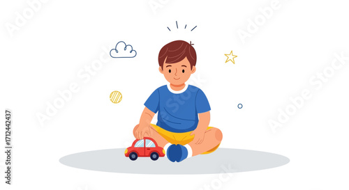 Cheerful Young Child Sitting and Playing With Toy Car in Playful Illustration