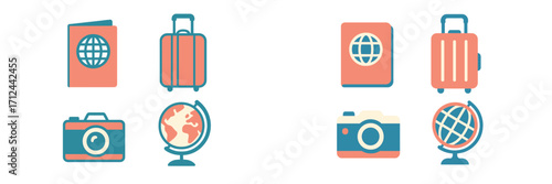 Travel and tourism essentials with passport, luggage, camera, and world globe for global adventure