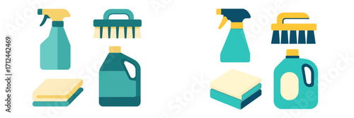 Household cleaning supplies and tools including spray bottles, brushes, detergent, and cloths for domestic hygiene