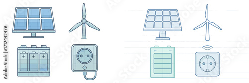 Power generation icons featuring solar and wind energy with batteries and charging components