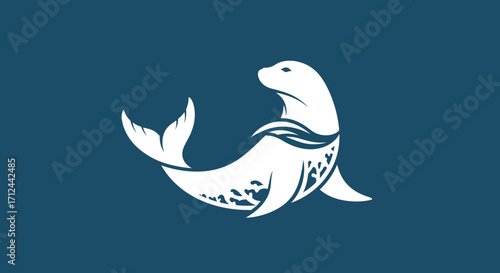 Elegant stylized seal illustration, marine mammal design, ocean creature, white silhouette on dark blue.