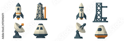 Modern rockets and space technology icons featuring launch pads and communication dishes in a clean, flat design style
