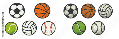 Diverse assortment of sports balls including soccer, basketball, tennis, and baseball displayed in a colorful design