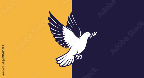 A white dove, carrying an olive branch, soars across a split gold and dark blue background.