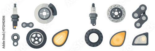 Automotive spare parts collection including spark plugs, brake discs, tires, chains, and headlights for vehicle maintenance