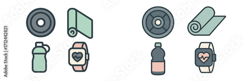 Modern fitness and health equipment icons featuring weight plates, yoga mats, water bottles, and smartwatches for an active and healthy lifestyle