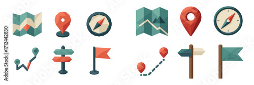 Modern geometric style navigation icons set with maps, location pins, compasses, and directional signs for travel and exploration