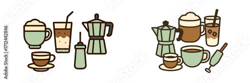 Diverse collection of popular coffee drinks and brewing tools including espresso, latte, iced coffee, and moka pot