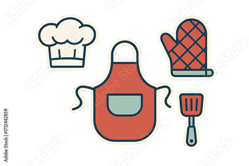 Chef's hat, apron, oven mitt, and spatula kitchen tools for cooking and baking activities, culinary equipment collection