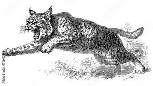 Majestic Feral Wildcat Pouncing Vector Engraving Illustration