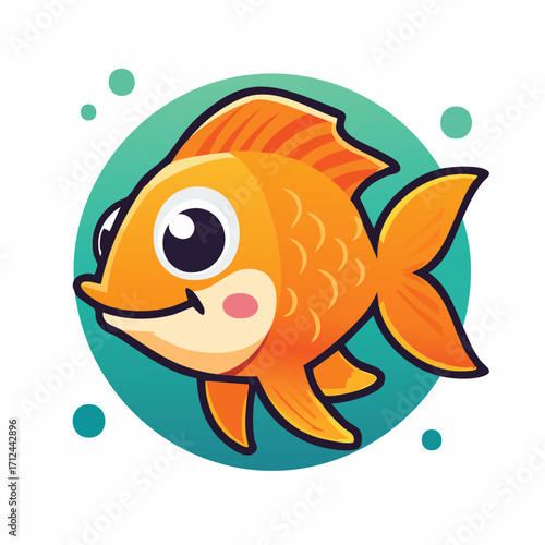 Cheerful Cartoon Goldfish Floating in a Blue-Green Bubble, Cute and Playful Aquatic Design