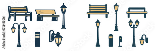 Classic and modern outdoor park benches, street lamps, and wall lights for public spaces and urban landscapes