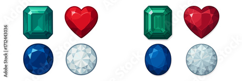 Colorful gems in various shapes arranged in pairs on a white background showcasing vibrant details and textures