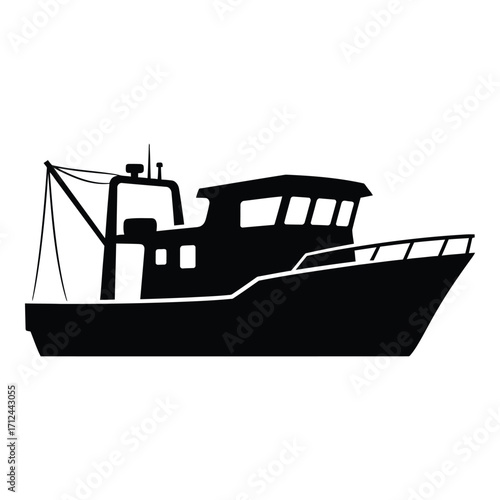 Silhouette of a fishing trawler boat ready for sea voyage maritime transportation silhouette