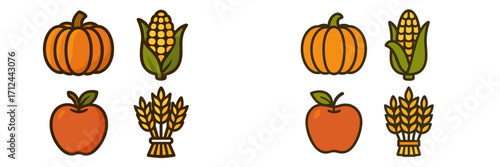 Colorful pumpkins, corn, and apples arranged in a bright autumn theme for harvest celebration